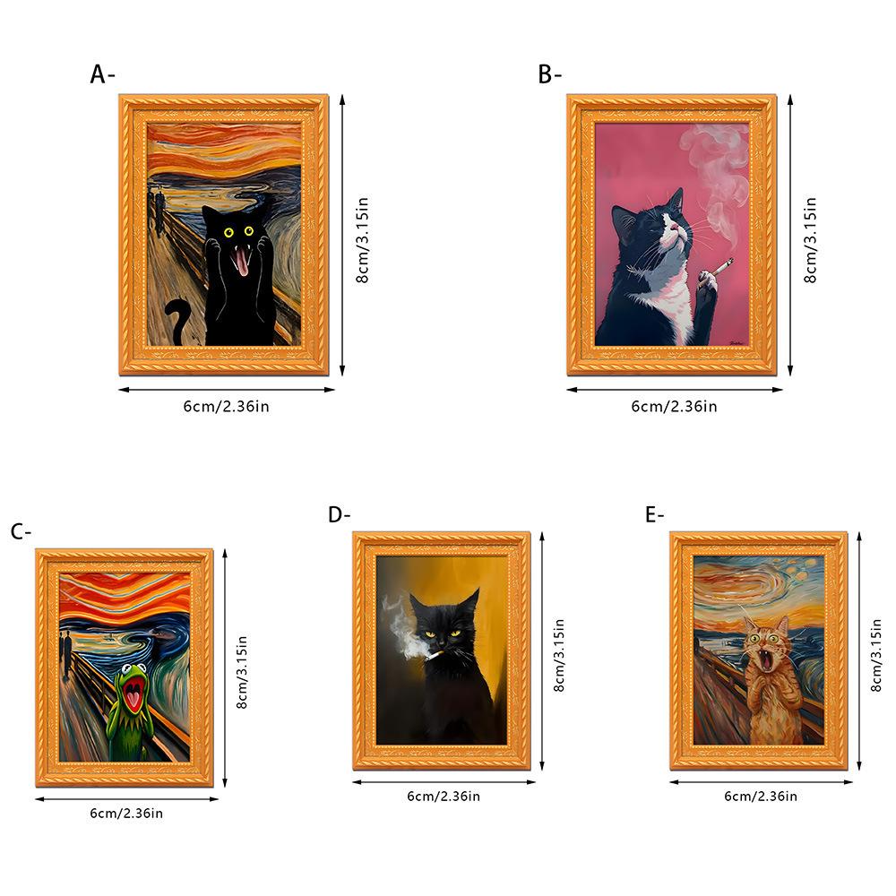 Cross-Border New Black Cat Series Oil Painting Style Screaming Kitten Photo Frame Wooden Retro Magnetic Fridge Magnet