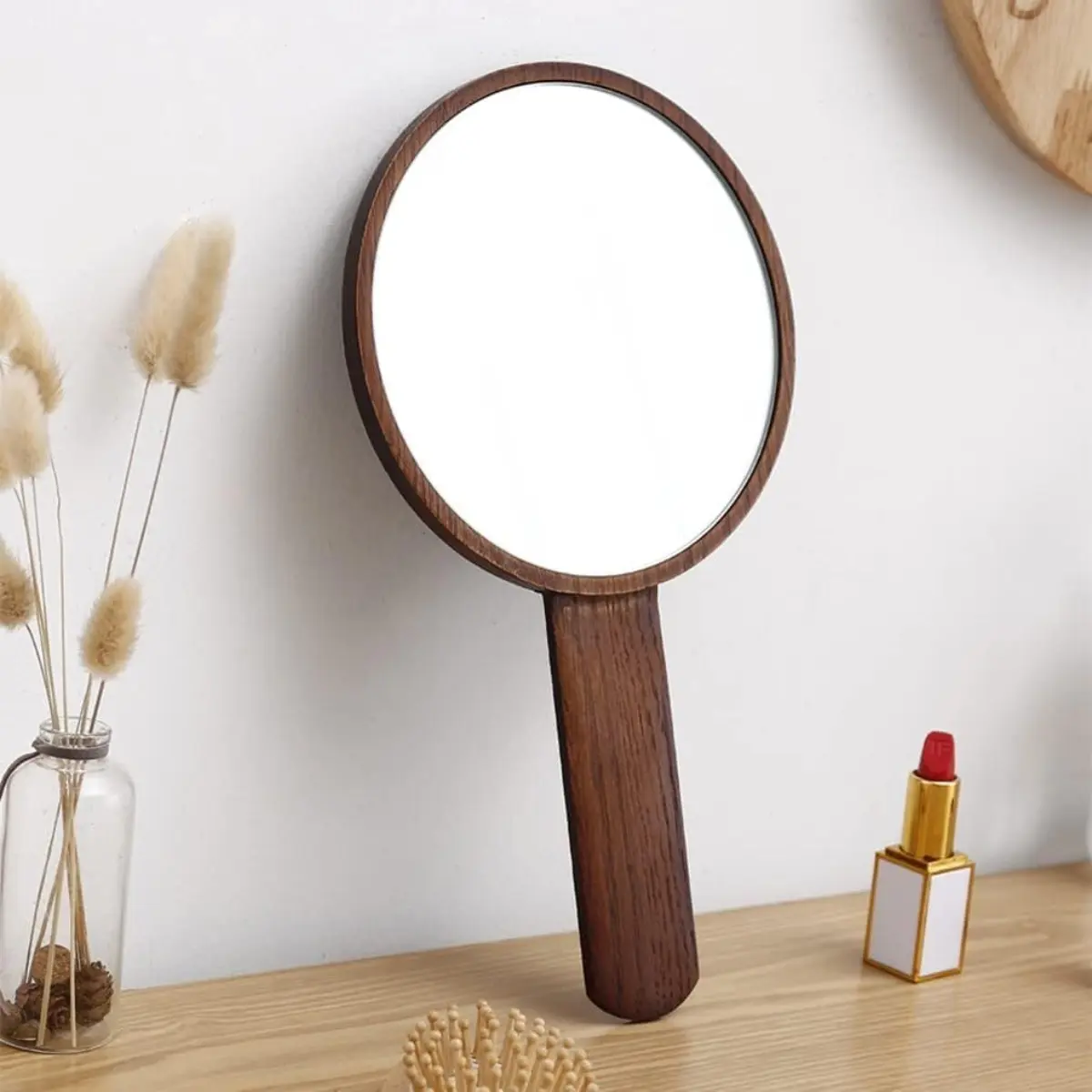 Handheld Mirror with Handle, Hand Held HD Mirror Wooden Frame, Salon Hairdresser Plain Mirror Retro Style, Cosmetic Salon Makeup Hand Mirror for Professional Barbers,A