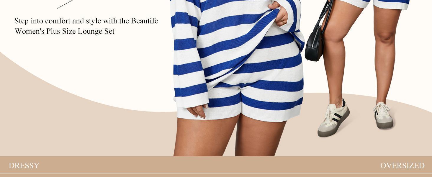 【XL-5XL】Imily Bela Curve Womens Plus Size Lounge Sets Striped Knit 2 Piece Sweater Set Long Sleeve Tops and Shorts Oversized Outfits