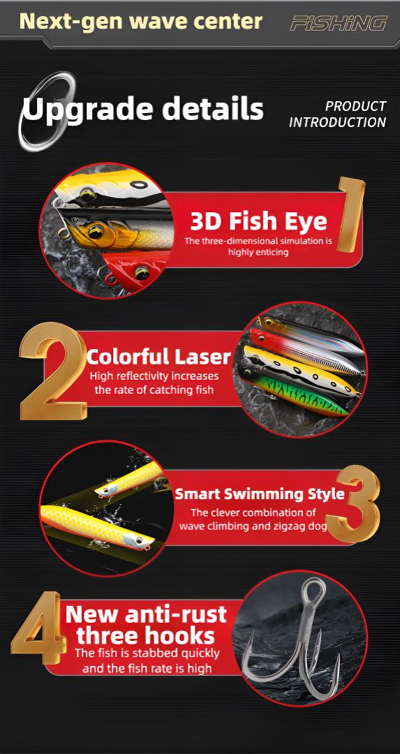 Scarlet Big Fishing Lure P2 Popper Lures with 3D Eyes, Joybait Bait Dog Mud Puppy Fishing Bait Ultra Topwater Saltwater Fishing Lures, Fishing Equipment Including Rod for GT Tuna Bass Large Fish Surf & Offshore Saltwater Fishing#big fishing lure p2