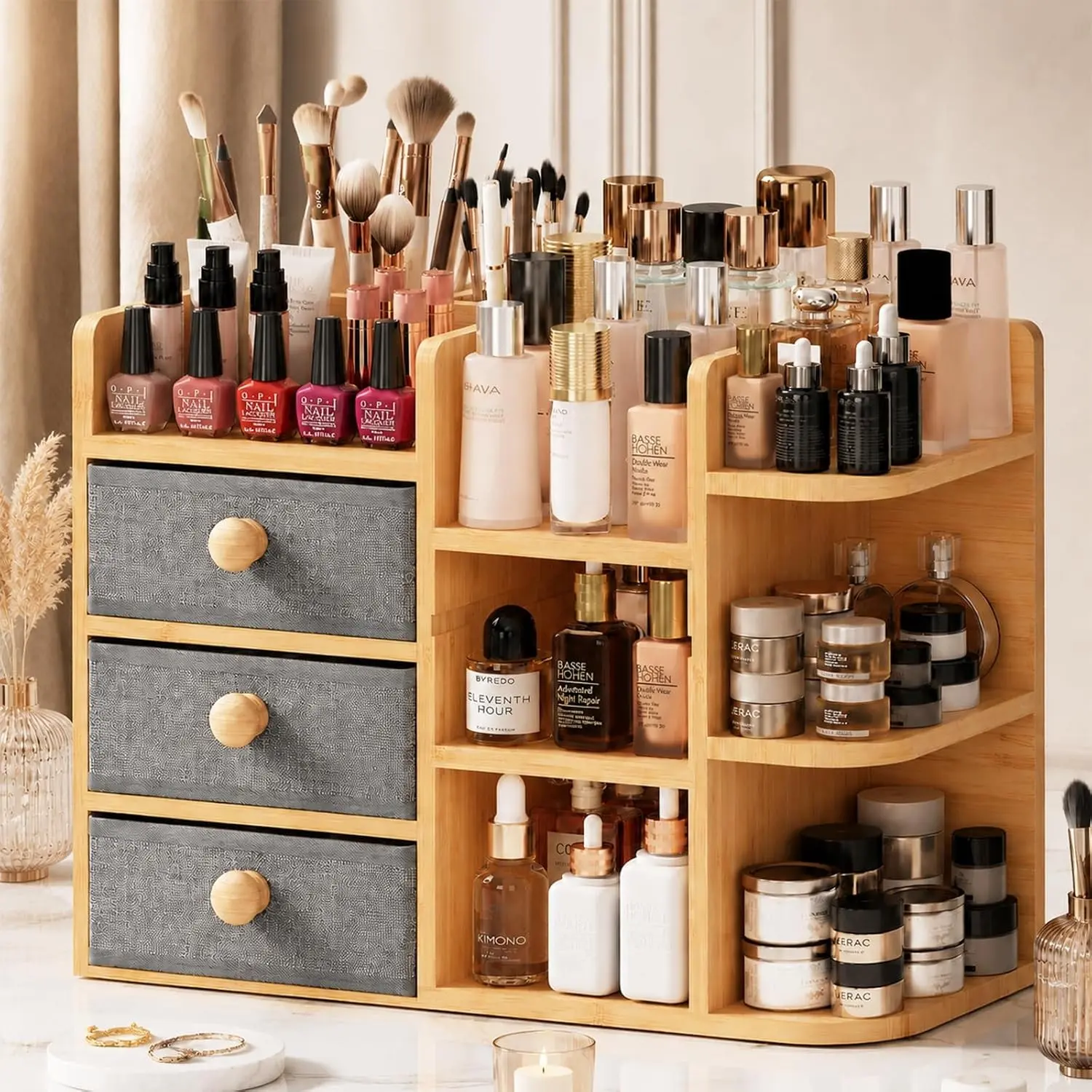 Large Makeup Organizer For Vanity, Large Capacity 3 Tiers Bamboo Bathroom Counter Organizers and Storage, Countertop Makeup Brush Holder, Nail Polish Perfume Stand with 3 Drawers and 10 Compartments