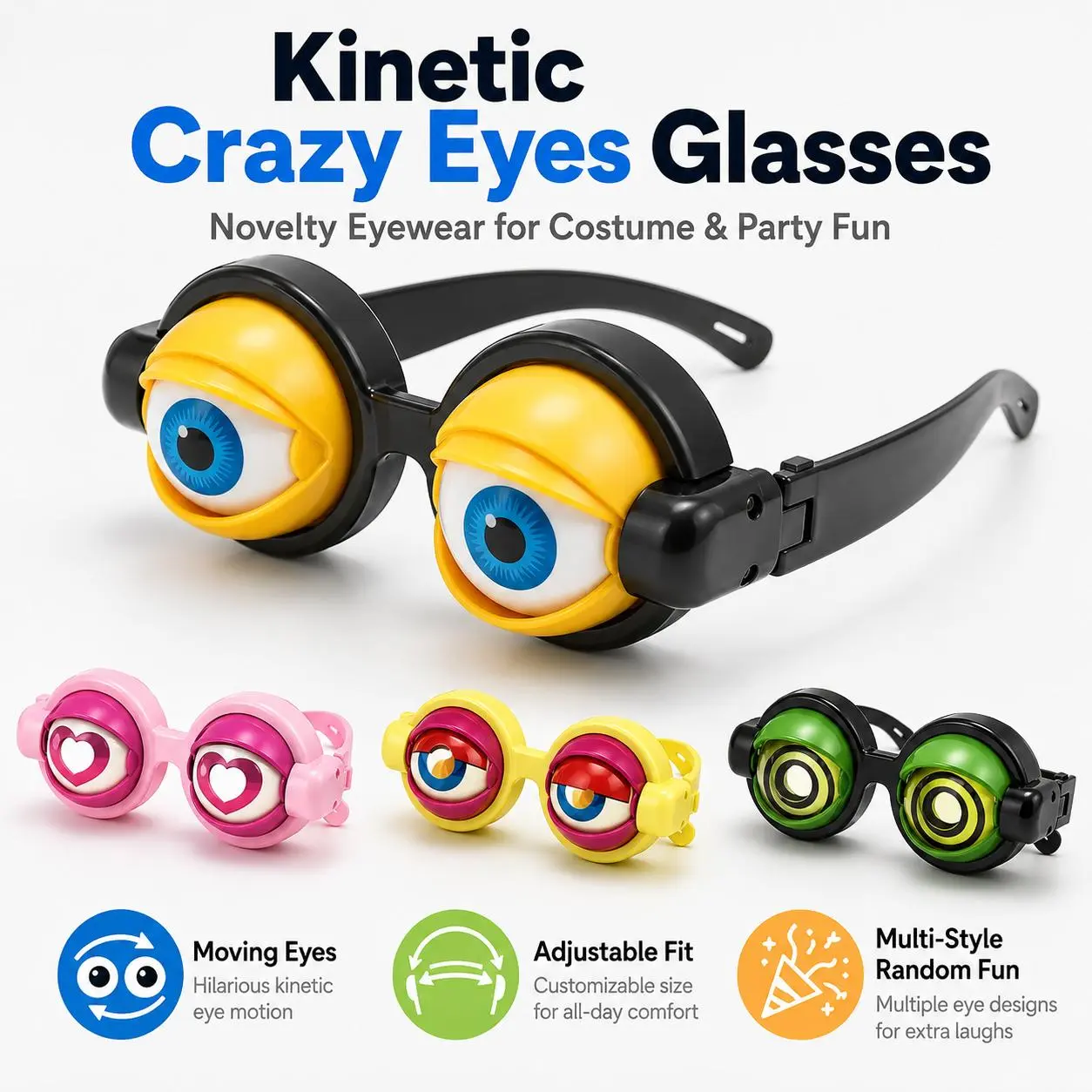 Kinetic Crazy Moving Eyes Party Glasses, Funny Novelty Costume Eyewear, Hilarious Decorative Accessory for Themed Parties & Cosplay Events