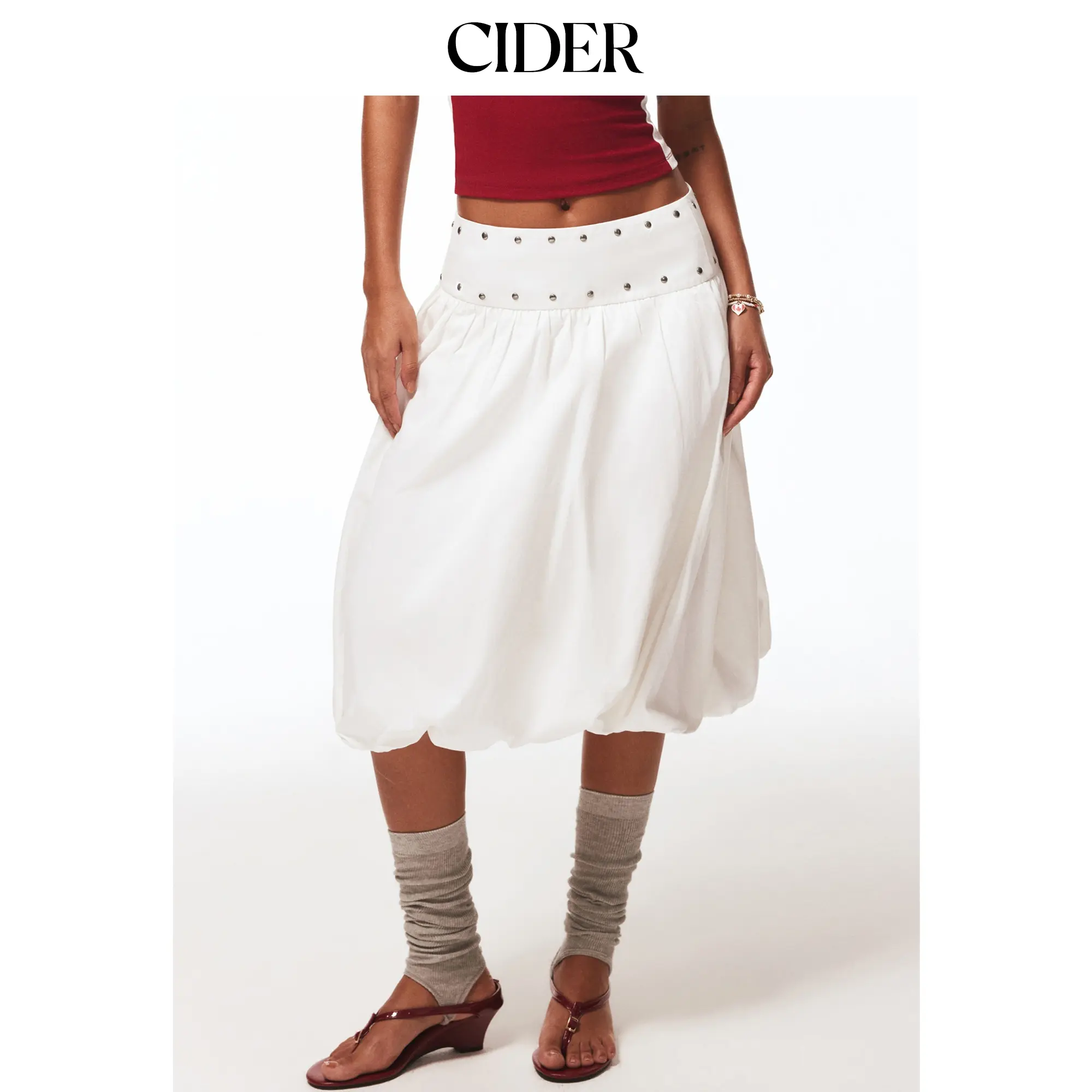 Cider Cotton Mid Rise Metal Detail Bubble Hem Midi Skirt