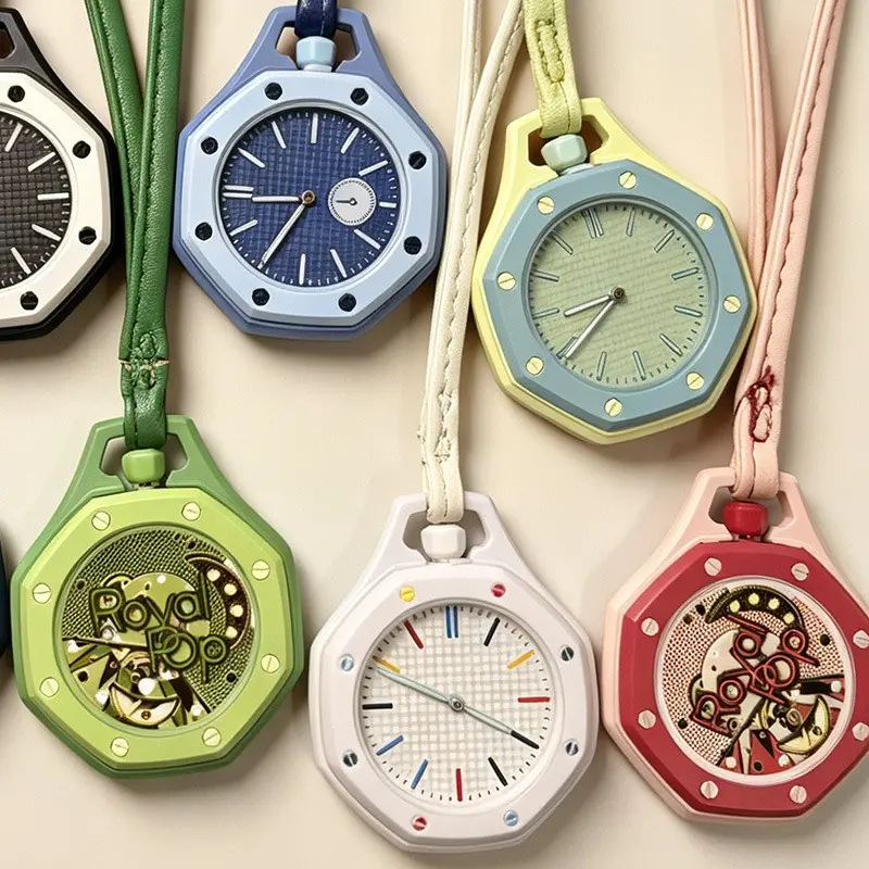 Unique Designer Candy Color Octagon Pocket Watch Minimal Dopamine Tone Pendant Quartz Necklace Watch