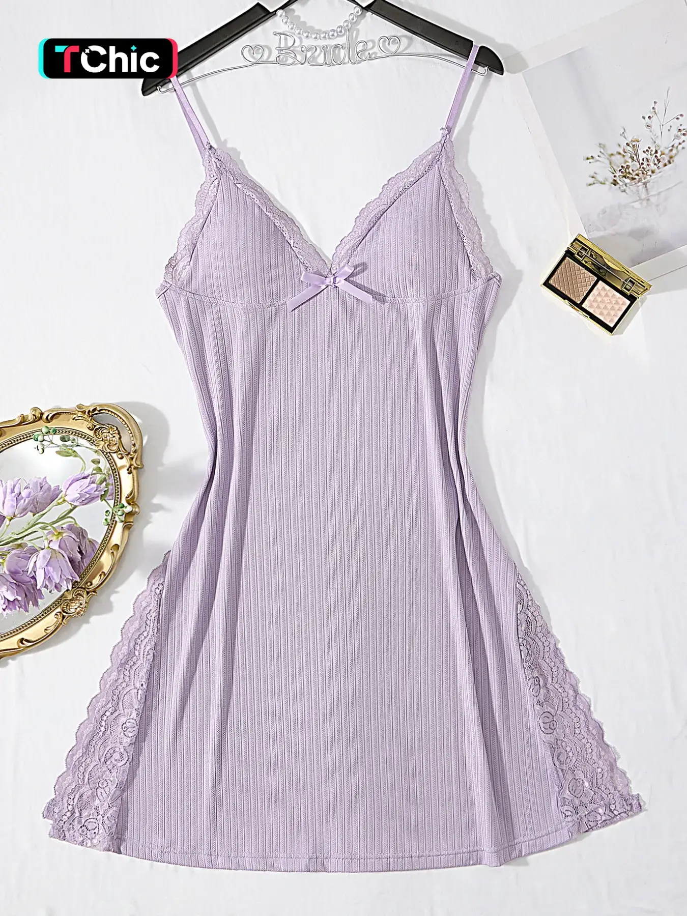 Elegant Sleeveless Loungewear Nightdress, V-Neck Striped Design, Bow Detail, Side Ruffle Split, Fitted Silhouette, All Season Women's Sleepwear