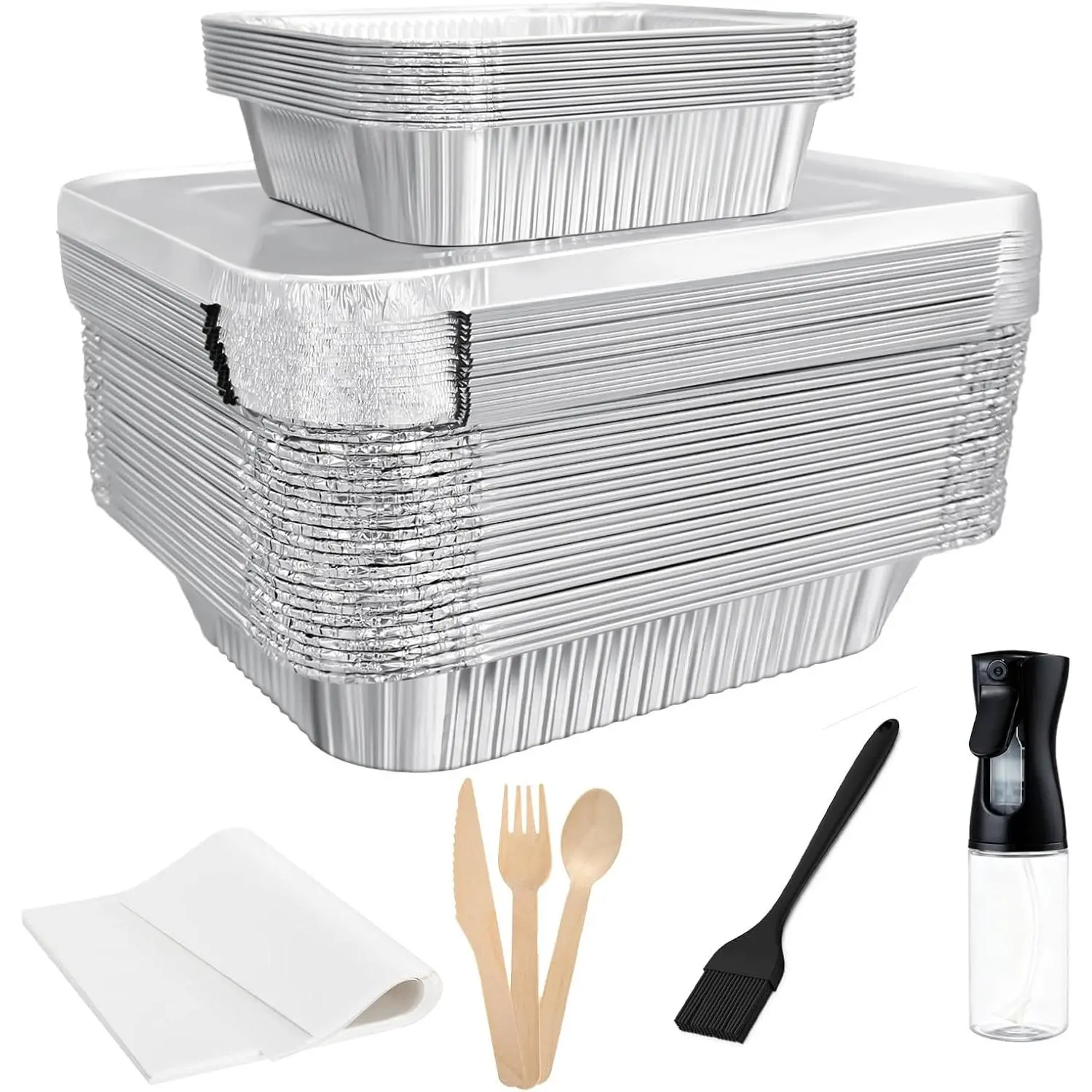 Sturdy Disposable Aluminum Tray Set for Pet Supplies (35-Pack) - 25pc 9×13in Tin Foil Oven Roasting Pans with Lids, 10pc 8x8in Grilling Foil Disposable Pans, Baking Parchment, Oil Sprayer, Bakeware with Easy Cleanup