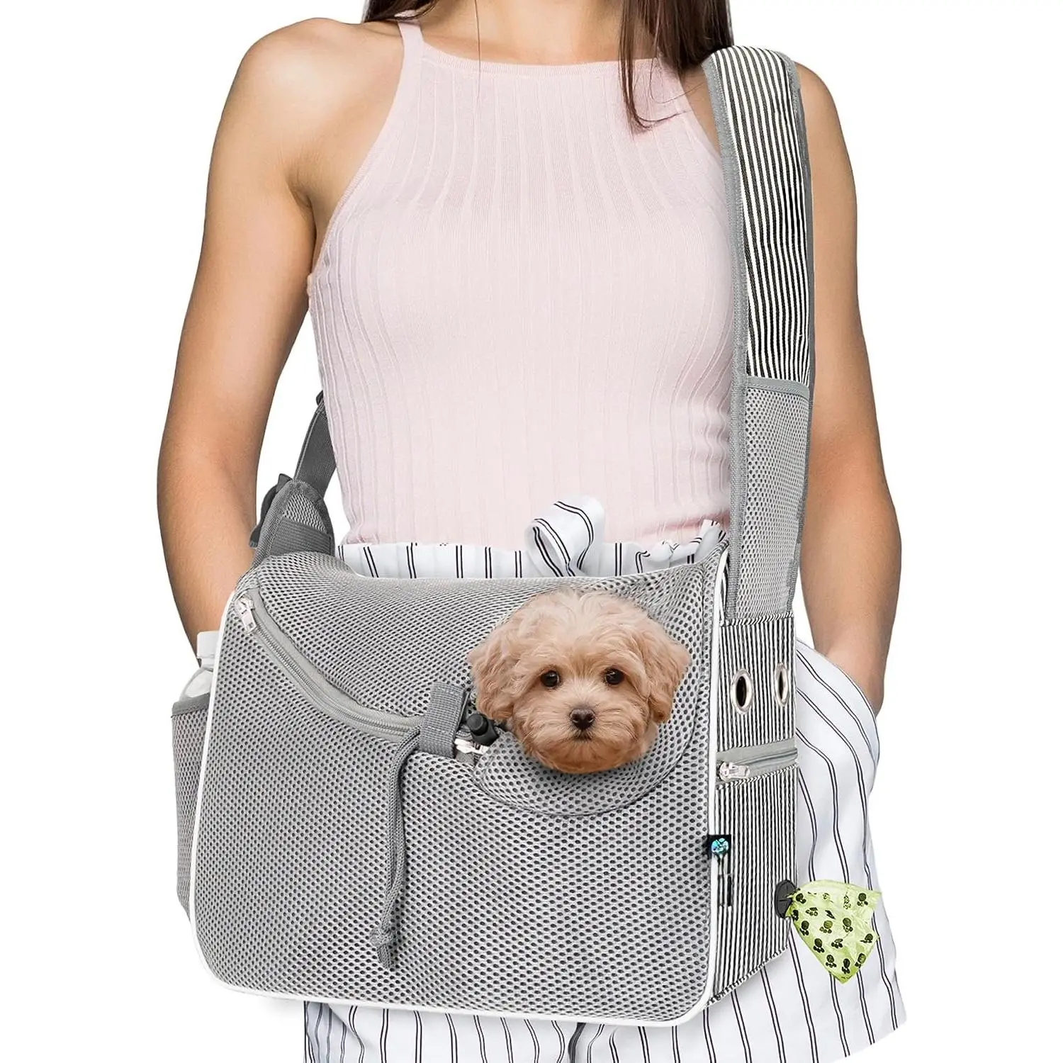 Sling Carrier for Small Dogs Under 10 lbs, Hands Free Crossbody Puppy  Carrier for Travel with Breathable Mesh, Padded Strap, Removable Sherpa Bed, Pockets & Poop Bag Dispenser, Stripe