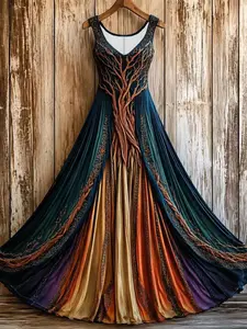 Women's Fashion Plus Size Elegant V-Neck Retro Viking Life Tree Celtic Knot Multicolor Print Art, Loose Knit Versatile Sleeveless Dress