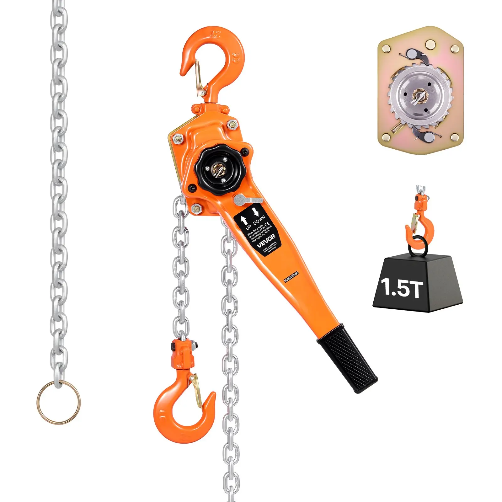 VEVOR Manual Lever Chain Hoist, 1-1/2T 3300LBS Capacity Heavy Duty Come Along, 10FT Lift G80 Alloy Steel Chain With Dual Pawl Mechanical Brake,360 ° Rotating Hooks, for Warehouse Construction Garage