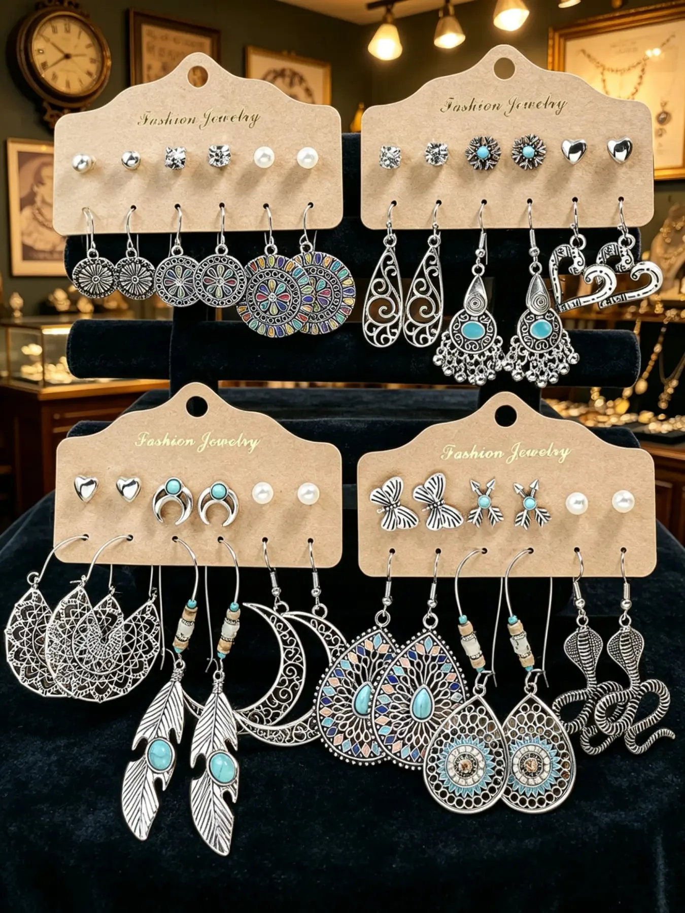 24 pairs of Bohemian ethnic style women's ear stud set, Floral stud earrings, classical hollow design, zinc alloy iron ear pins, beachy earrings for vacation and daily gifts, gifts for Christmas, Halloween and New Year, women's jewelry pendants