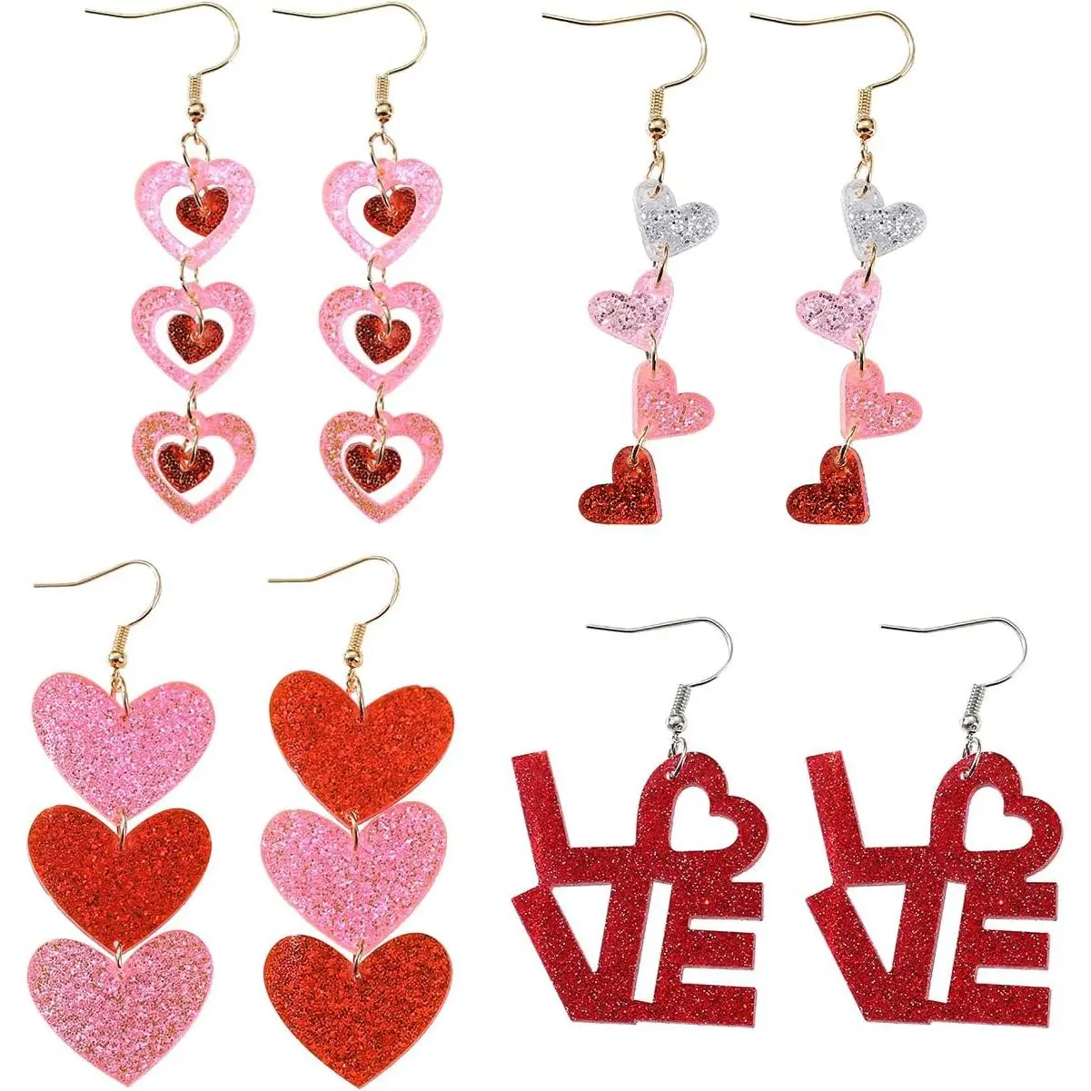 4 Pairs Valentine's Earrings for Women Love Heart Dangle Earrings Valentines Gifts for Wedding Decoration Valentine's