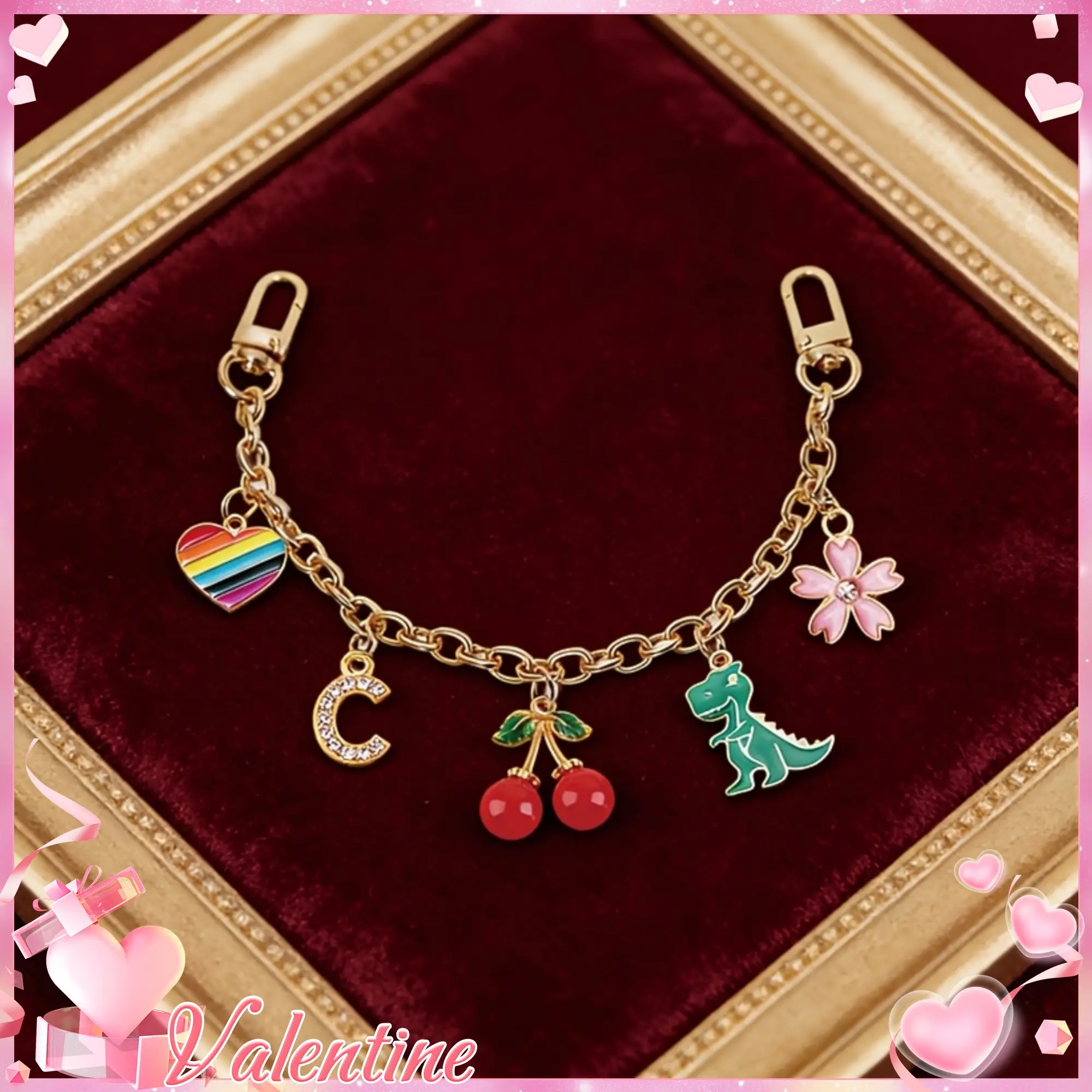 Rainbow Heart Cherry Dinosaur Metal Keychains - Key Rings, Bag Charms, Extension Chains for Fashion Accessory Style Enhancement