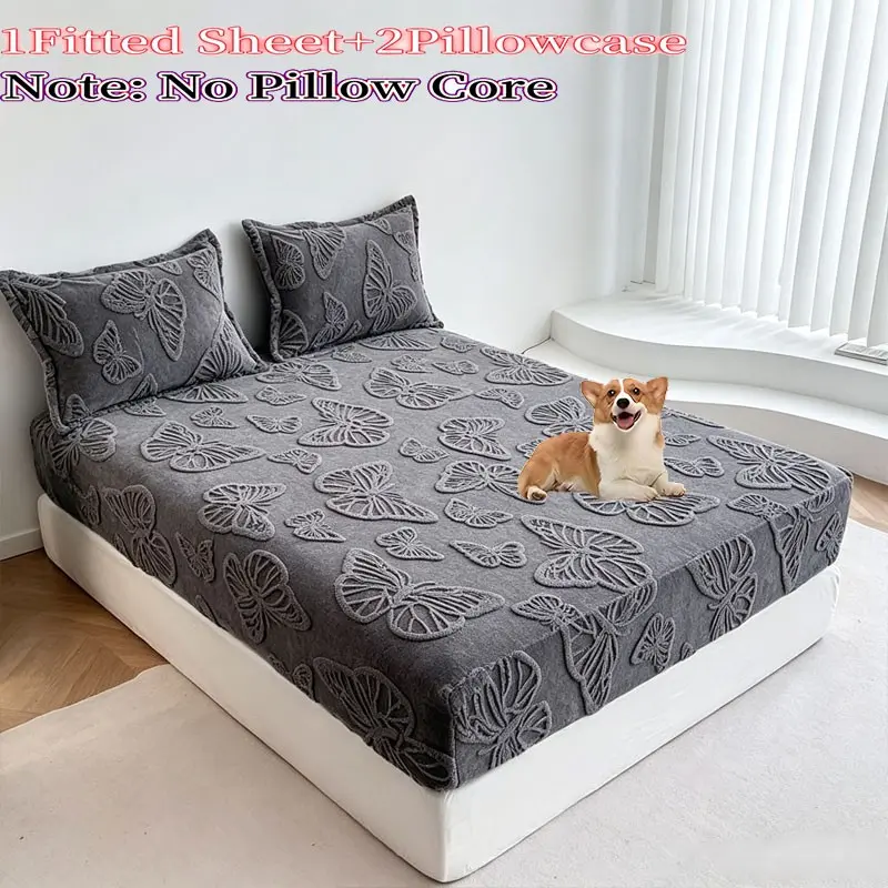 Butterfly Jacquard Bed Sheet Set (2 Pillowcases + 1 Bed Sheet), Non-Slip Deep Pockets, Soft Skin-Friendly, King/queen Size, Decorative Bedsheet Sets