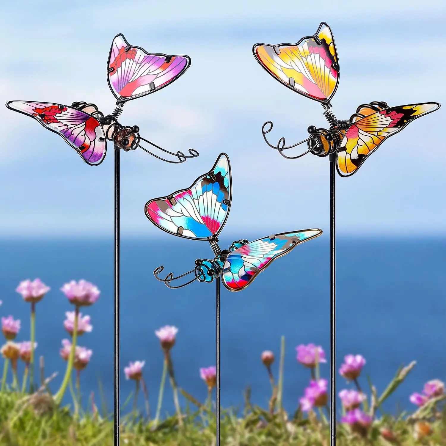 Set of 3 Butterfly Garden Stake Decor, 20 Inch Colorful Butterflies Stakes, Glass & Metal Yard Art Ornaments for Mom,  Day Ideal Gifts, Outdoor Lawn Pathway Patio  Pot, Flower Bed