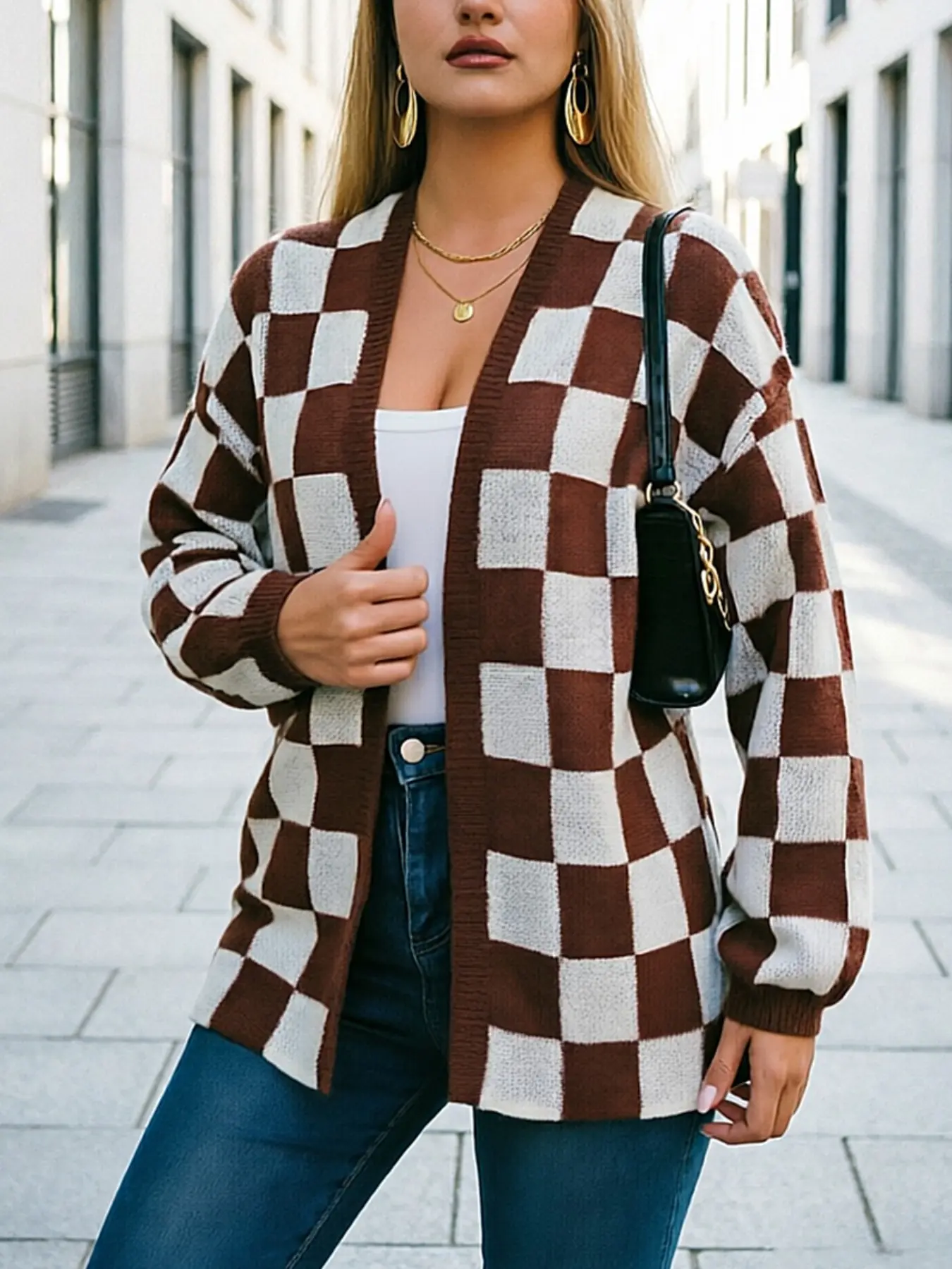 Women's Checkerboard Knit Cardigan | Loose & Lazy Style Lantern Sleeve Colorblock Jacket, Versatile Autumn/Winter Layering Sweater