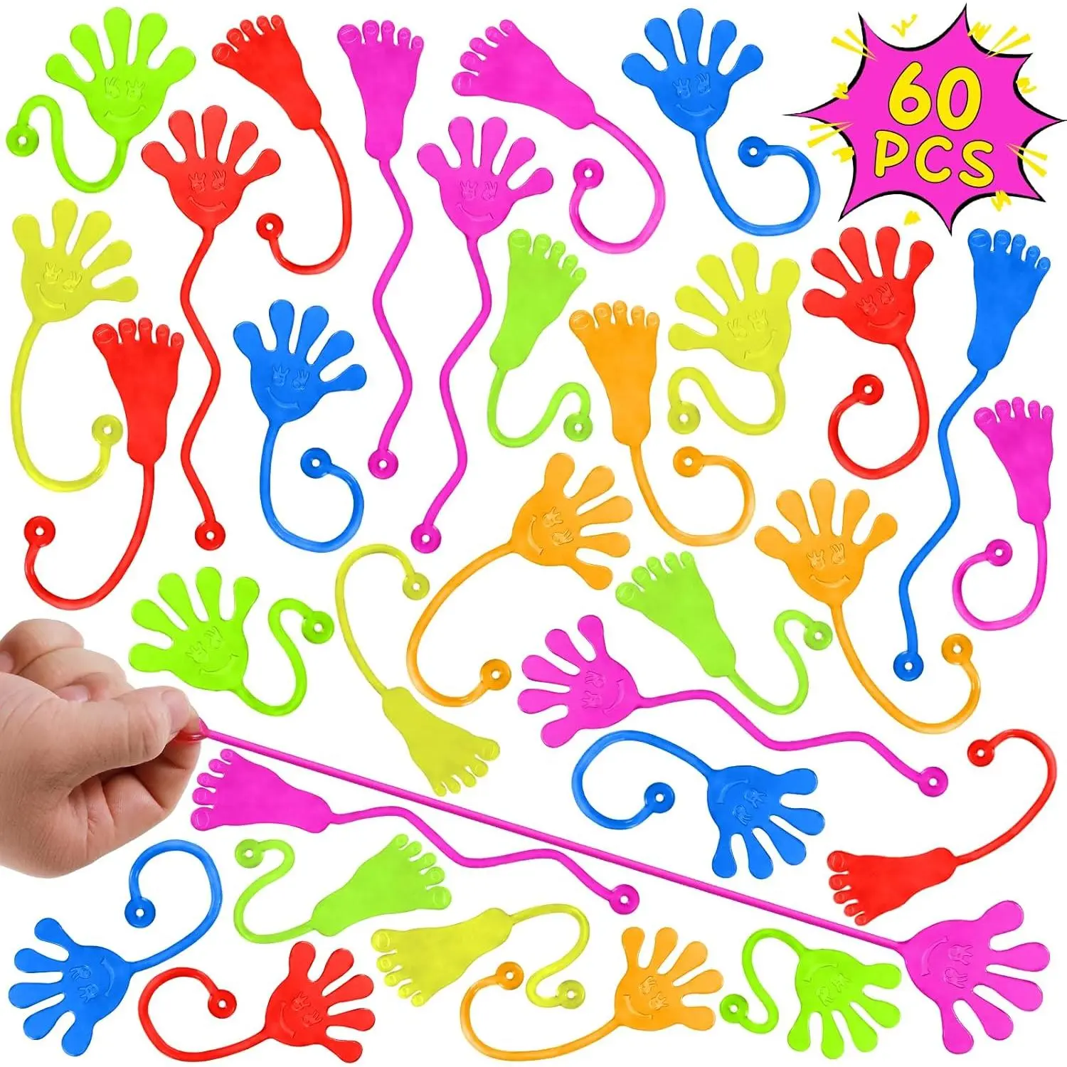 Sticky Hands Bulk 60 PCS Party Favors for Kids 4-12 Year Stretchy Sticky Hand Feet Goodie Bags Stuffers Treasure Box Toys Classroom Small Mini Prizes Birthday Party Supplies Slap Handfidget toys