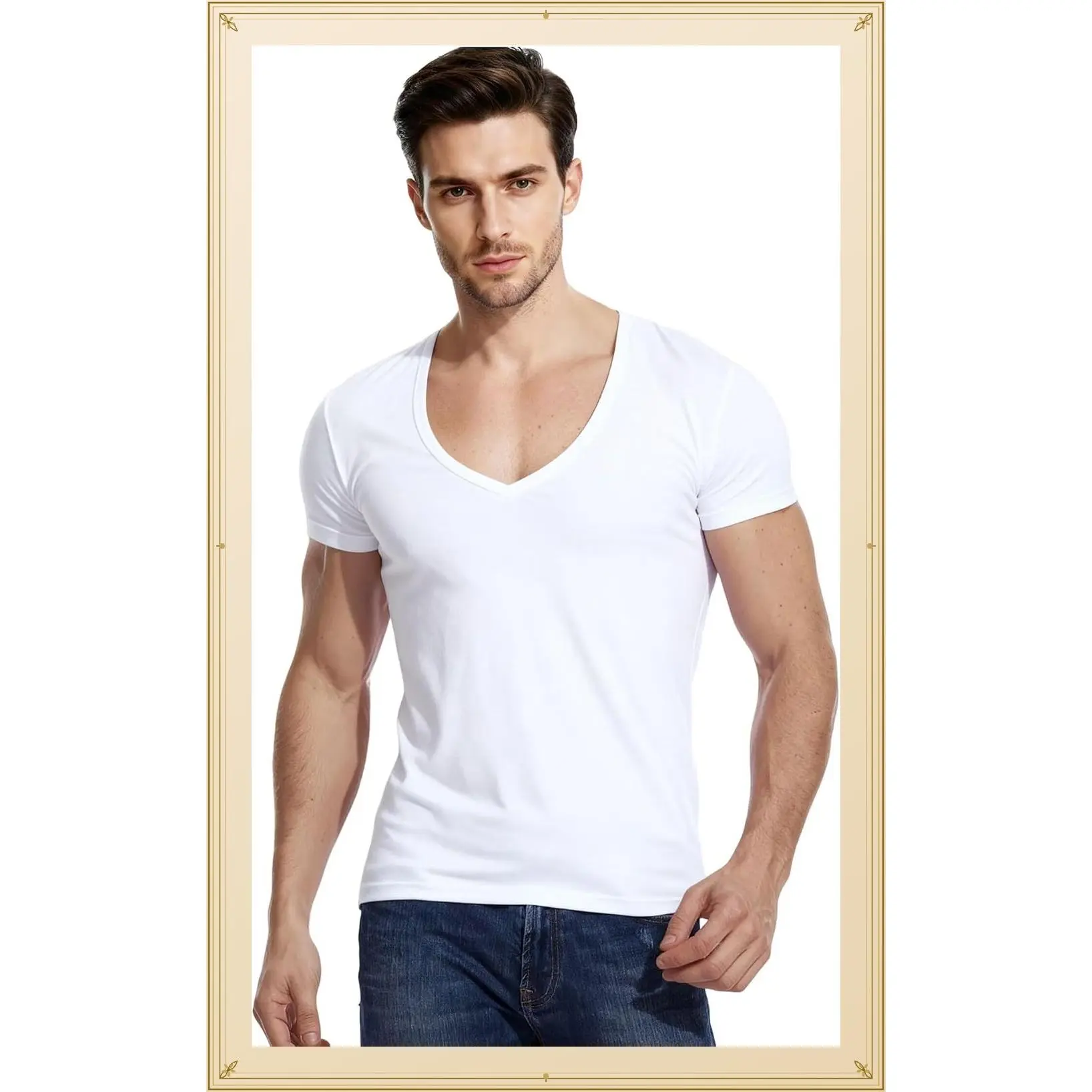 Mens Deep V Neck T-Shirts Vneck Tshirt Low Cut Undershirts Slim Fit Short Sleeve TeesGift