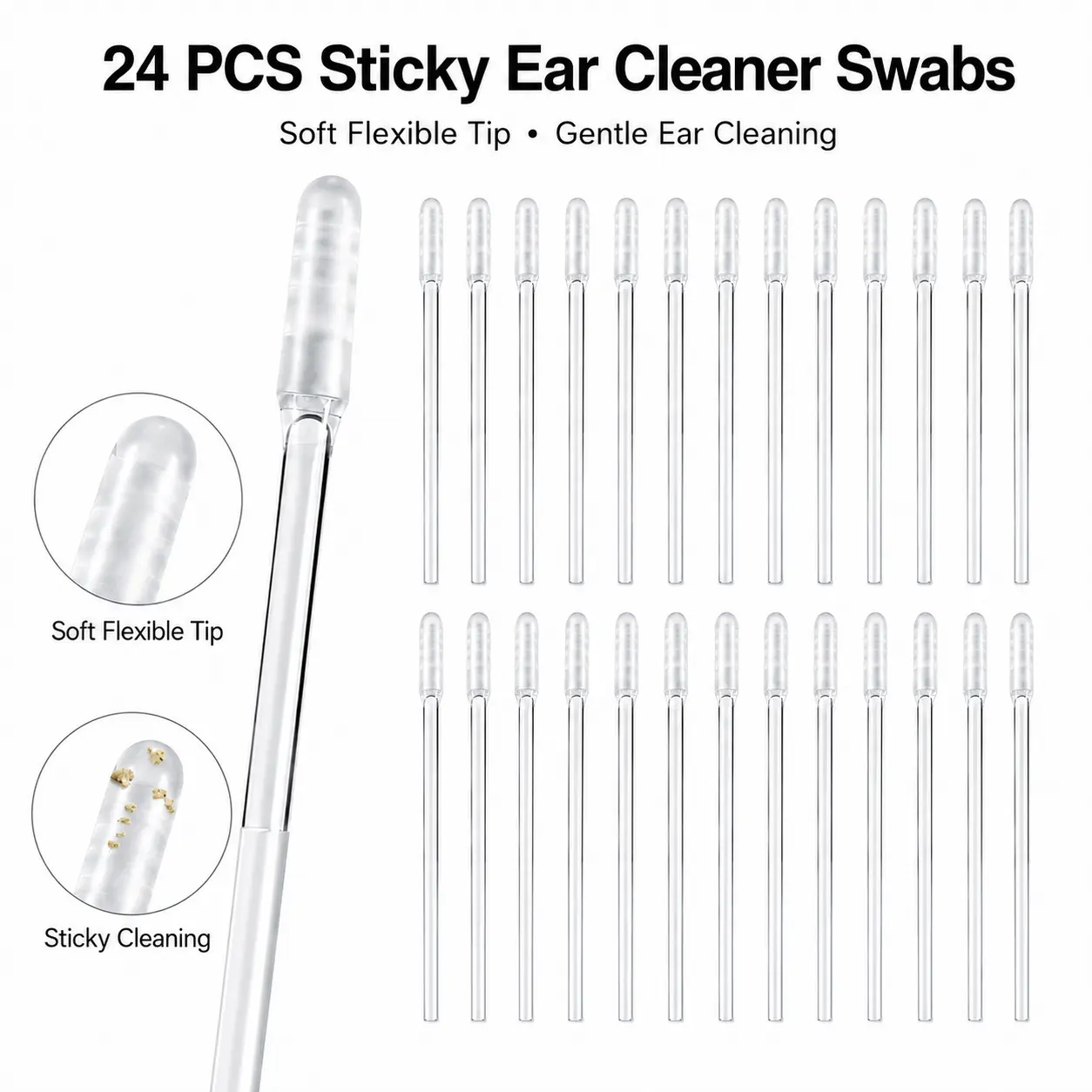 Sticky Ear Cleaning Stick for Adults, Reusable Sticky Ear Cleaner Picks, Removal Adhesive Swabs Gentle Soft Ear Scoop Remover Tool with Dust Cover Packaging (1 Set/24 PCS)-YY1