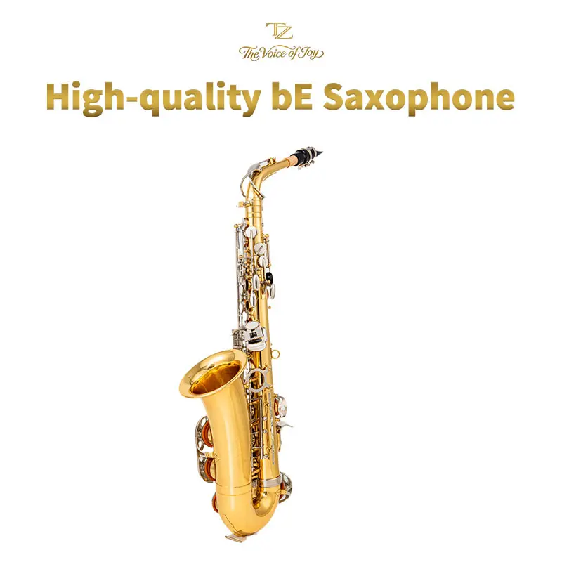 English horn TZ Eb Alto Saxophone E-flat Gold Lacquer Brass Instrument - Complete Junior and Intermediate Student Kit with Case, Lid, and ReedBrass Carving Pattern Saxophone with Strap