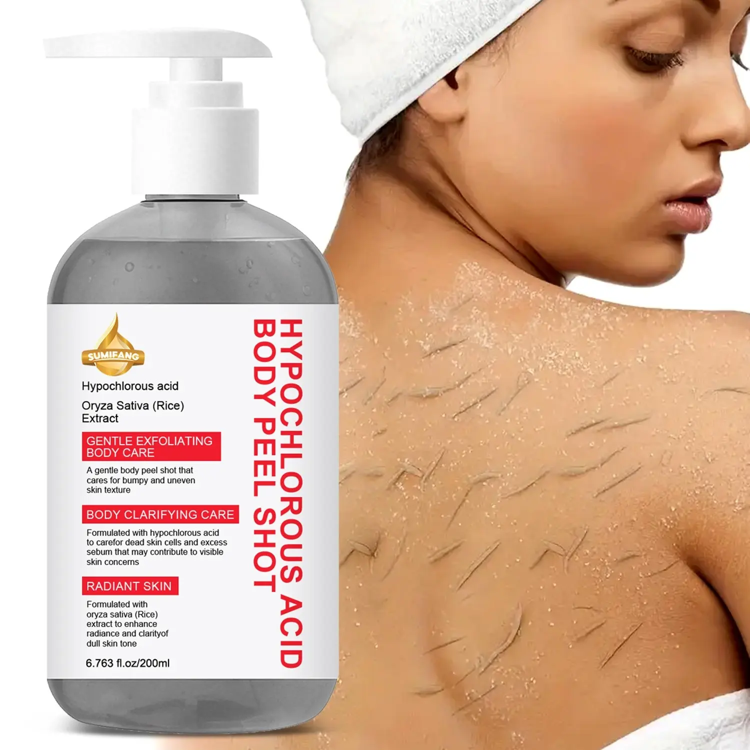 Body Exfoliating Lotion,Hypochlorous Acid Body Peel Shot,Gentle Exfoliating Gel,Moisturizing & Lock Moisture,Smooths Bumpy Skin,Brighten Skin Tone,Cleans Without Drying,Lightweight Non‑sticky,For Elbows,Knees,Neck,Back & Face