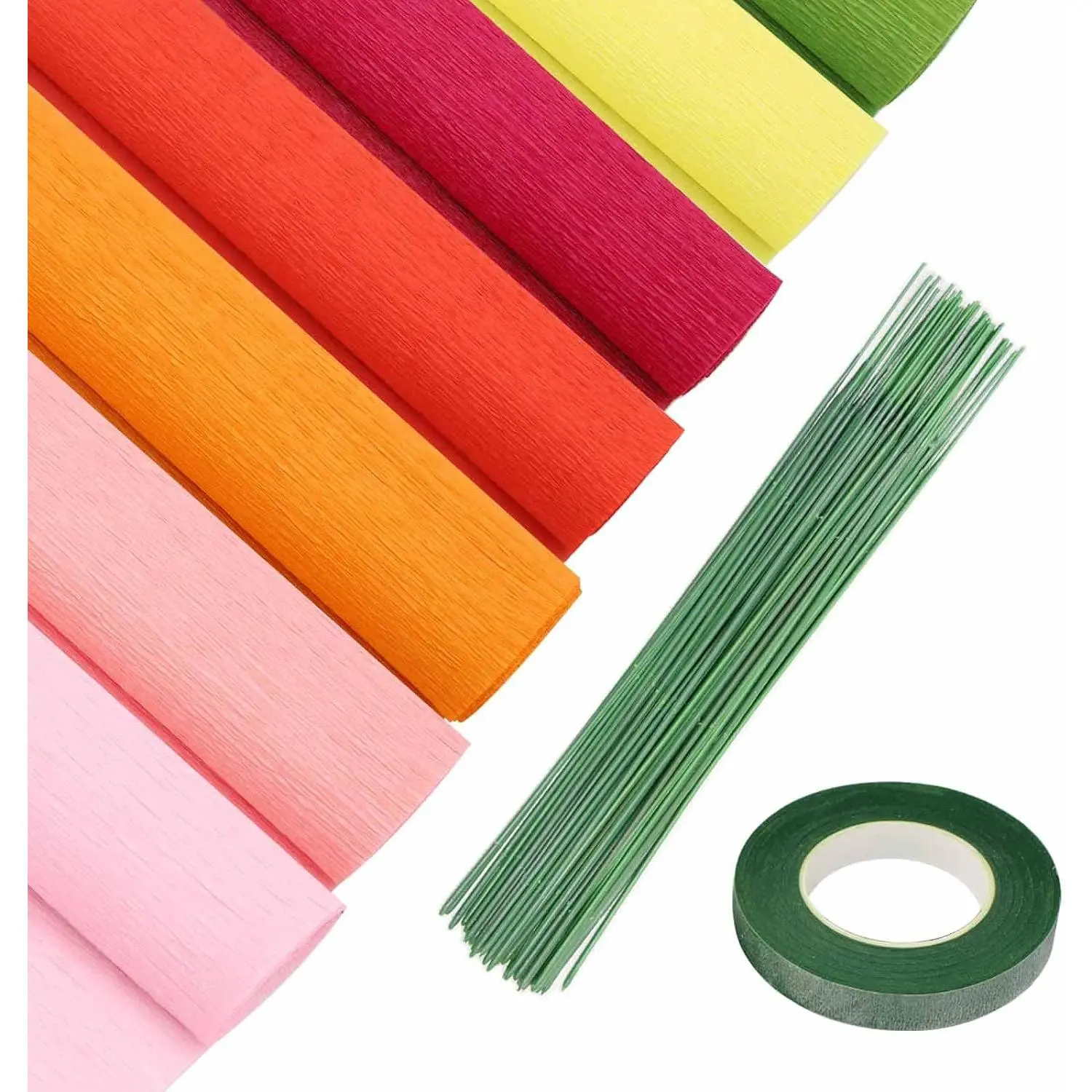 Crepe Paper Flower DIY Kits - 7 Rolls Rainbow Bright Colors Crepe Paper 2 Rolls Green Floral Tape and 50 Green Floral Iron Wire for Wedding Festival Party Wreath Making Supplies DIY Flower Crafts