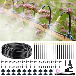 360? Automatic Drip Irrigation Kit - 5/16'' Tubing, Adjustable   Nozzle, Copper Atomizing System for Garden/Lawn/Greenhouse - Multi-Directional Rotation, Quick Connectors, 65FT