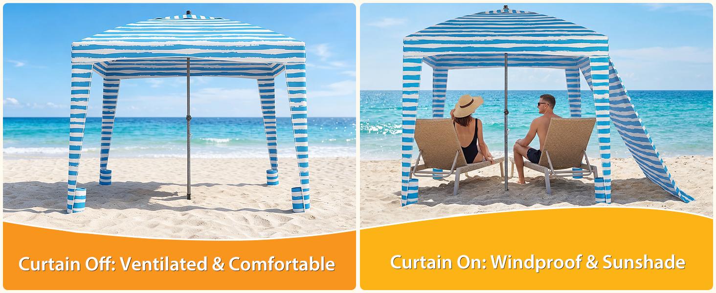 Beach Tent Cabana Portable Shelter Canopy UPF 50+ Waterproof Easy Setup Sun Shade with Vent Top Sand Pockets Carry Bag for Outdoor Family Fun