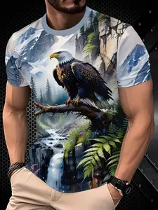Men's 3D Eagle Print Sporty Top, Polyester Material, Slim-Fit, Long Sleeve, Casual Round Neck, Outdoor & Daily Wear, Easy Care