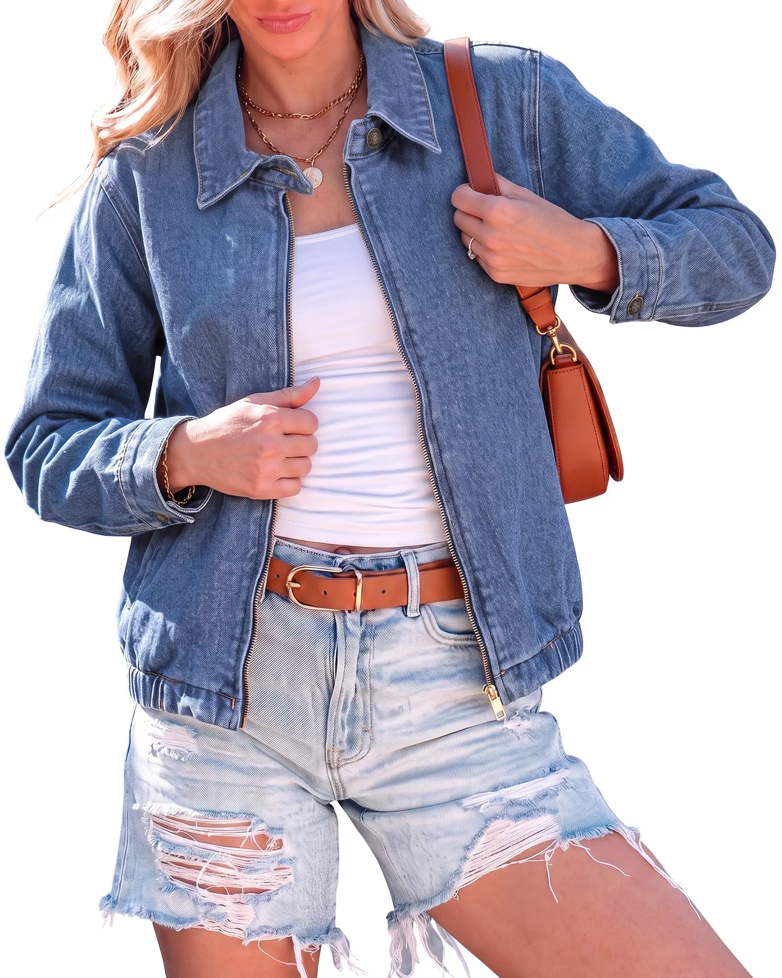 luvamia Jean Jacket Women Zip Up Bomber Denim Jacket Trendy Fall Outfits | Modern Bomber Silhouette, Elasticized Hem, Button-Tab Collar, Dropped Shoulders, Trendy Casual Style, Western Jacket Coats