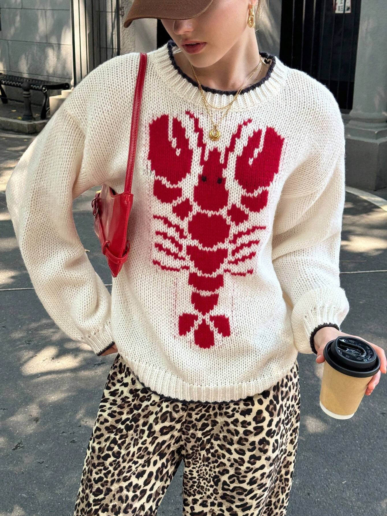 New2025Women's Cartoon Lobster Print Drop Shoulder Sweater, Casual Long Sleeve Round Neck Jumper for Fall & Winter, Fashion Ladies' Knitwear for Daily Wear, Longsleeves Tops for Women, Womenswear(Gift)11