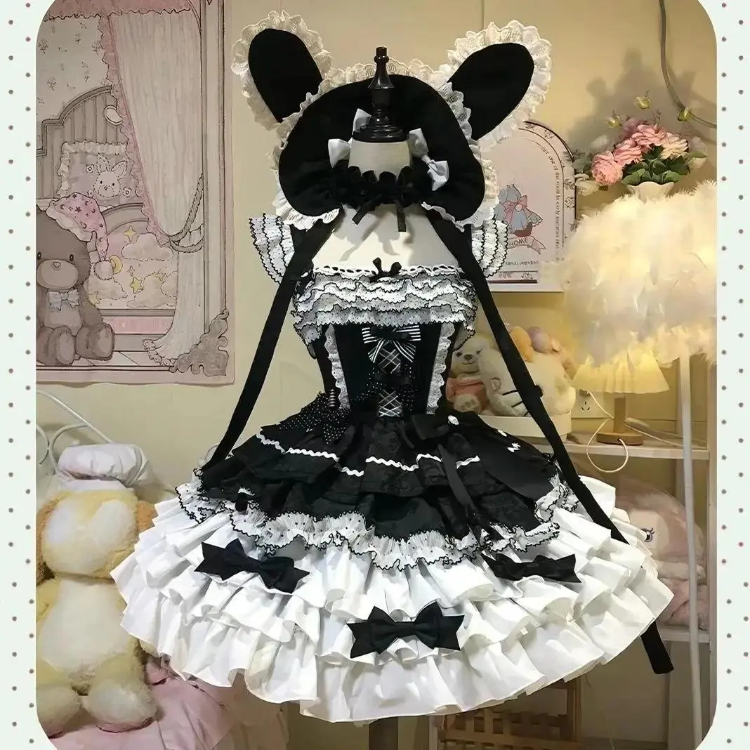 Summer Japanese Lolita Dress JKS Women Slim Lace-up Bow American Vintage Dress Sets Evening Party Clothing Kawaii Dress