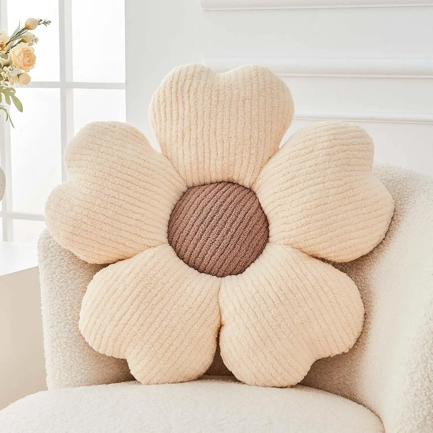 Cute Flower Shaped Throw Pillow, Soft Daisy Decorative Pillow for Bed Couch, Floor Seating Cushion, 14.9 Inch Ivory+BrownGift