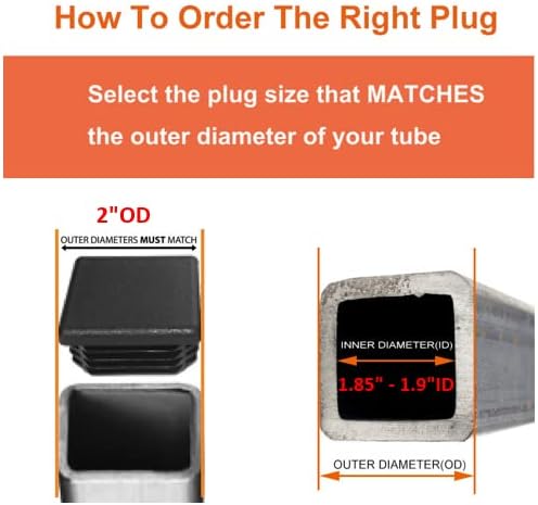 2" Black Plastic Plugs, Insert, Glide Protection, Square Tubing End Caps for Metal Tubing (4 Pack)