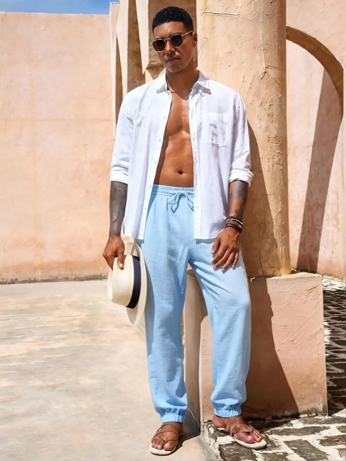 Men's Cotton Linen Jogger Pants, Elastic Drawstring Waist Cuffed Ankle Trousers, Lightweight Breathable Loose Fit Summer Beach Vacation Casual Walking Pants with Side Pockets, Casual Fit Bottoms