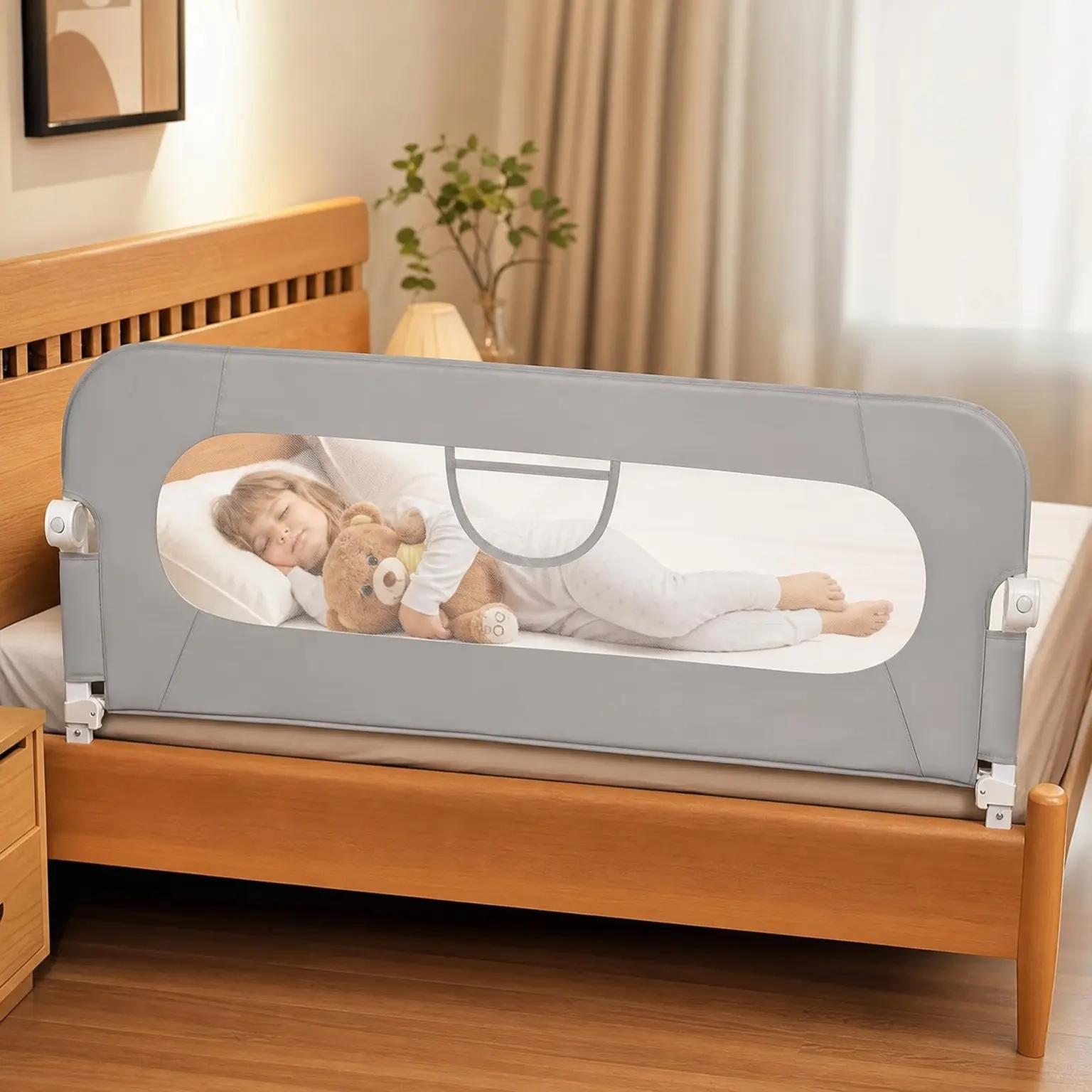 Bed Rail for Toddlers - Swing Down Bed Rails Guard for Twin, Full, Queen, Bunk Beds, Extra Tall Child Safety Rail with Reinforced Anchor System, Grey(Gift)