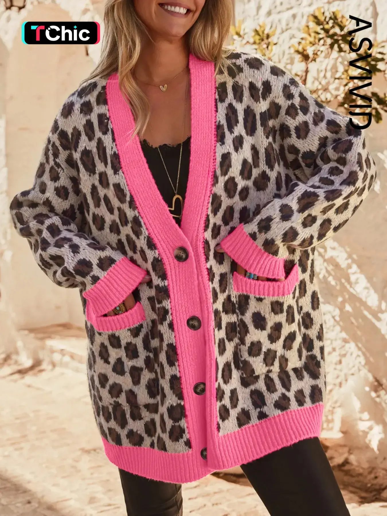 Women's Casual Leopard Print Color Block Trim Button Down Drop Shoulder Loose Oversized Knitwear Cardigan Sweater, Long Sleeve for Spring & Fall, Knitting