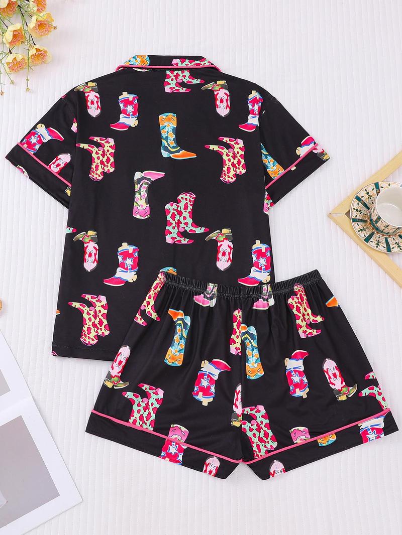 Women's All Over Cowboy Boots Print Pajama Two-piece Set, Casual Comfy Short Sleeve Lapel Neckline Tee & Shorts PJ Set, Ladies Summer Sleepwear