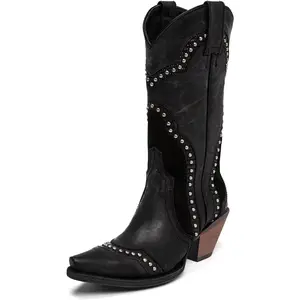 Cowboy Boots For Women, Cowgirl Ladies Mid Calf Boots with Classic Studded, Pointed Toe Chunky Heel Pull On Fashion Dress Wedding Western Booties