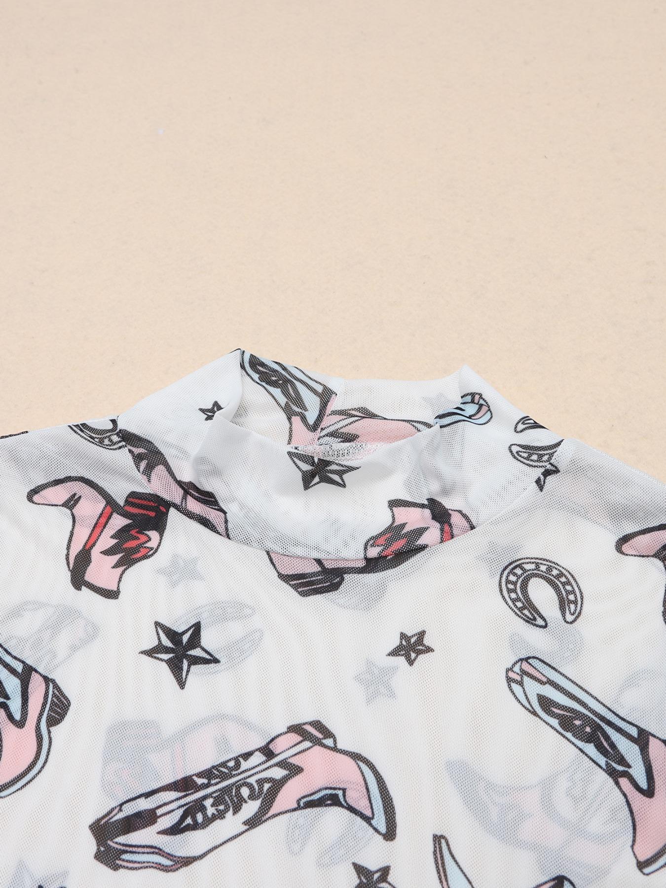 Women's Boot Print Mock Neck Semi-Sheer Bodysuit, Sexy Fashion Long Sleeve Bodysuit for Spring & Fall, Women's Clothes for Daily Wear