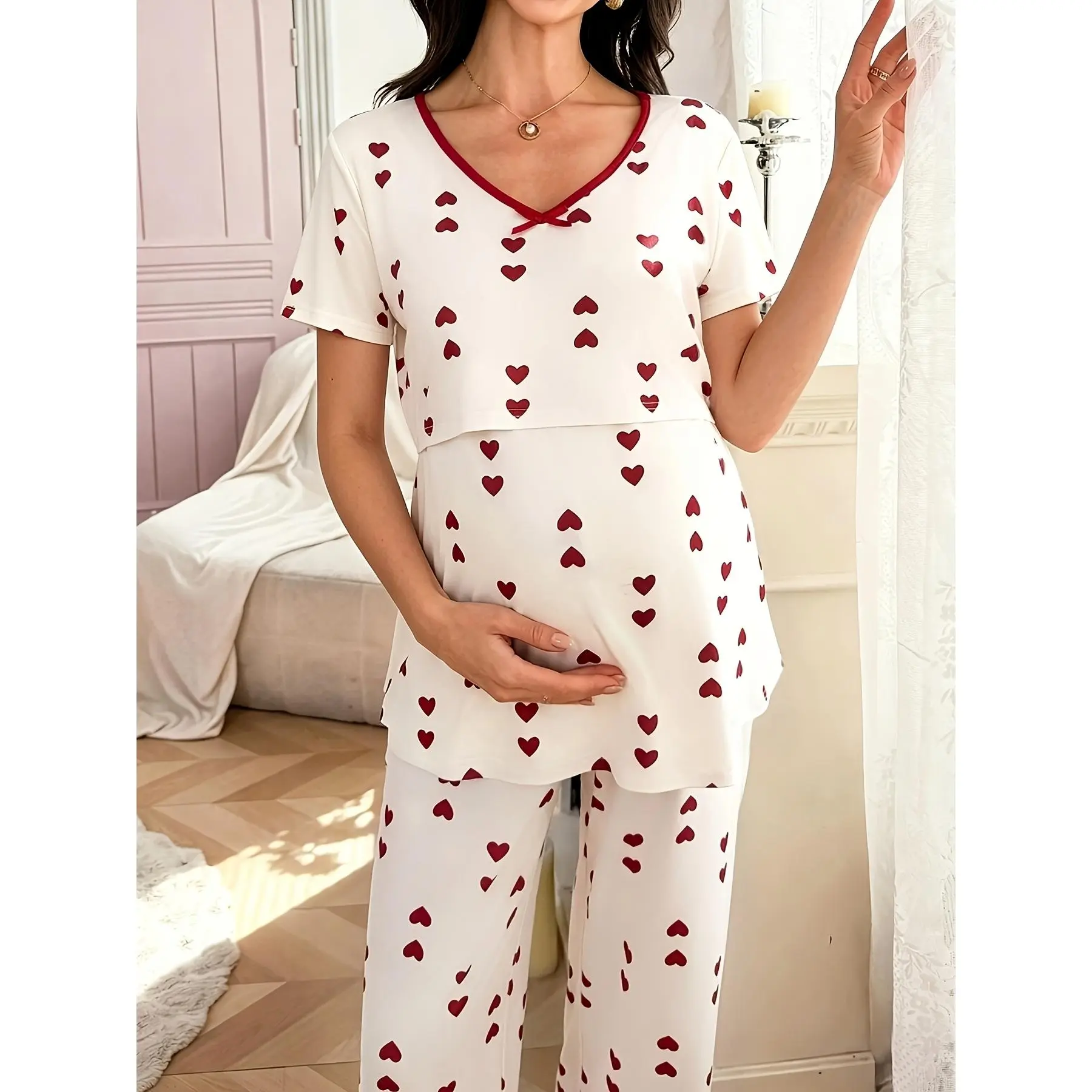 [Maternity Loungewear Set] Maternity Loungewear 2pcs Set - V-Neck Bow-Decorated Heart Print Short-Sleeve Top and Long Pants