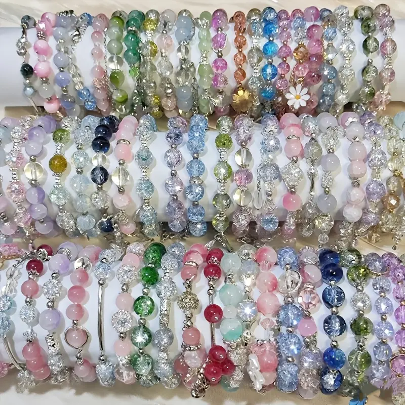 18pcs Stylish and Elegant Women's Glass Bead Bracelet Set, Featuring Sparkling Cracked Beads Bracelet with Floral, Butterfly, Fishtail, Star, and Bowknot Pendants. Niche and  Design - Colors and Styles Shipped Mix - A Stackable Bracelet Set