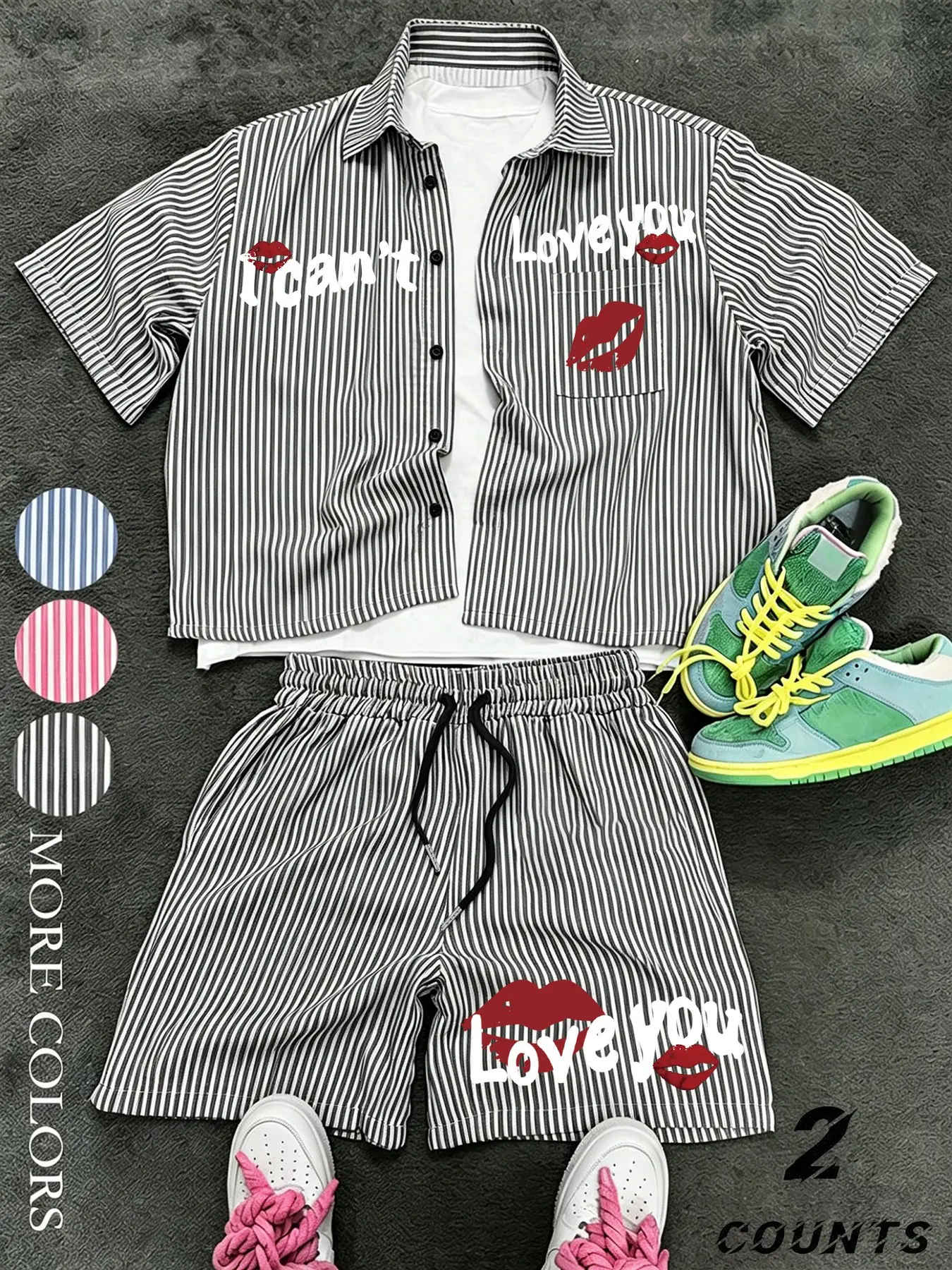 Men's and women's streetwear retro American-style striped short-sleeved shirt and shorts set, the shirt has a left chest pocket, the shorts feature an elastic waistband and side pockets, the design is loose-fitting, Oversize, Menswear