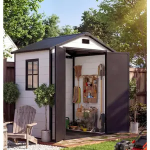 6x4 FT Resin Outdoor Storage Tool Shed with Windows and Lockable Door, Garden Storage Shed with Floor, Resin Outdoor Shed for Bike, Garbage Can, Lawnmower
