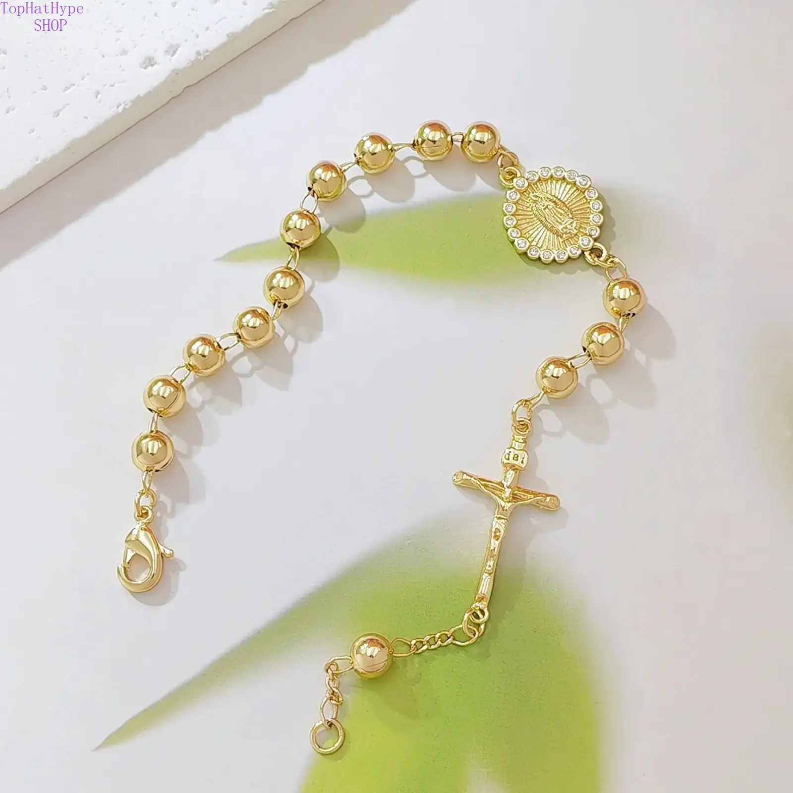 14K Gold Plated Virgin Mary Rosary Bracelet for Women, Round Bead Chain with CZ Halo Medal & Jesus Cross Charm, Catholic Religious Faith Jewelry Gift