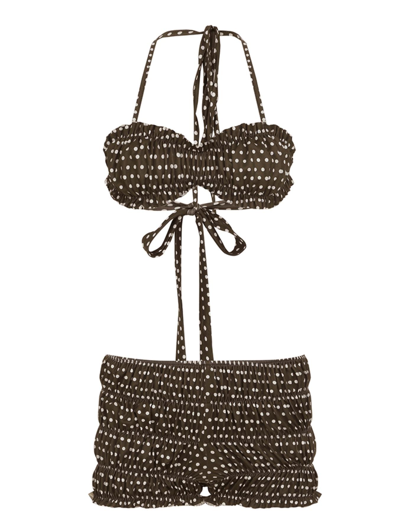 Two-piece Set Women's Polka Dot Print Bikini Set, Casual Fashion Chic Swim Top & Swim Shorts Two-piece Swimsuit for Summer, Ladies Swimwear for Beach Holiday Vacation, Ruched Swim Bottom