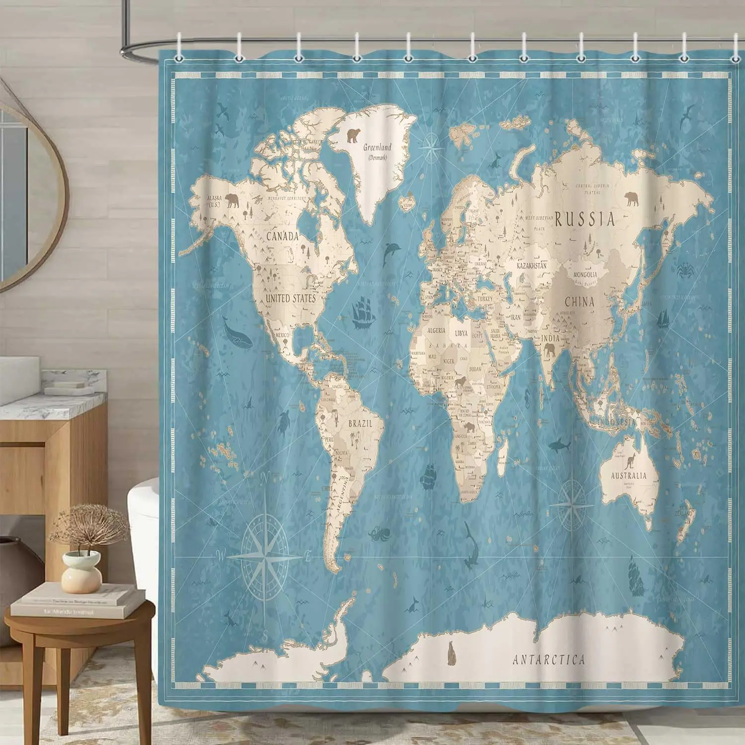 70x70in World Map Shower Curtain - Polyester Blend, Waterproof Liner, Educational Kids Bathroom Decor, Blue Bathtub Accessory with Hooks, Includes Hooks