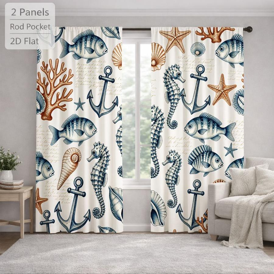 2 Pcs Nautical Themed Ocean Seahorse Fish Shell Anchor Pattern Sun Blocking Curtains Digital Printed Rod Pocket for Bedroom Office Kitchen Living Room Study Home Decor