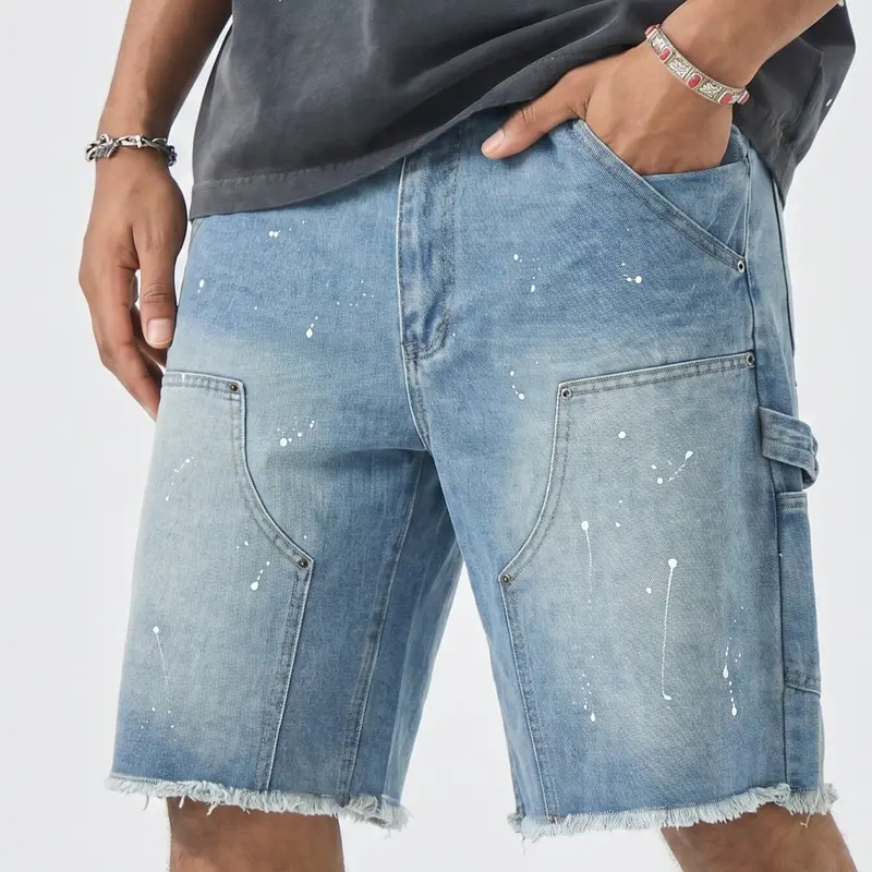 Men's Summer Washed Ink Splatter Distressed Ripped Denim Shorts Casual Loose-Fit Straight-Leg Hip Hop Streetwear Shorts with Pockets Casual Denim Clothing