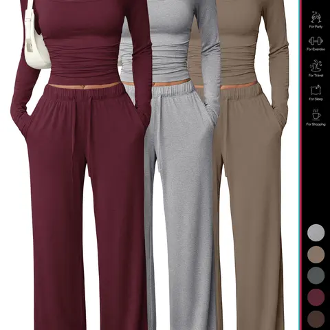 Women's 2/4/6 Piece Lounge Set Square Neck Long Sleeve Crop Top High Waisted Wide Leg Drawstring Pants with Pockets