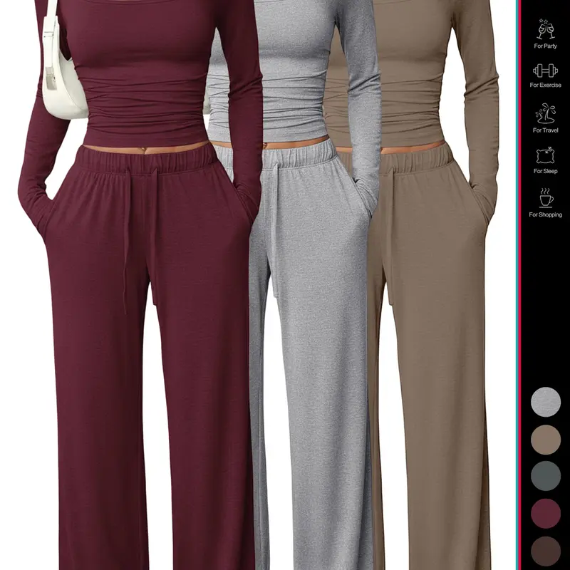 Women's 2/4/6 Piece Lounge Set Square Neck Long Sleeve Crop Top High Waisted Wide Leg Drawstring Pants with Pockets